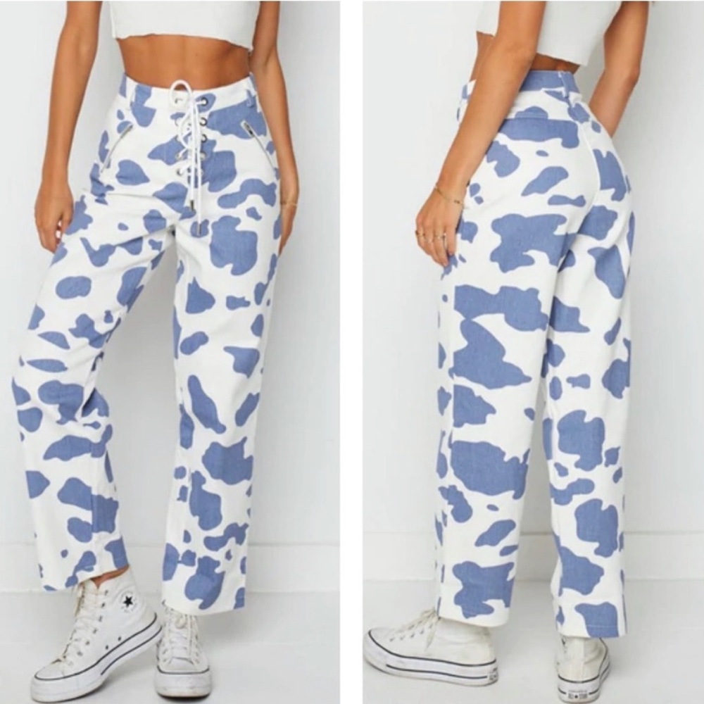 Beginning Boutique - lace up Cow print jeans - 4US 8AU